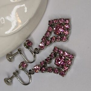 Vintage 60s Pink Crystal Earrings Screw-back Rhinestone Mid Century MCM